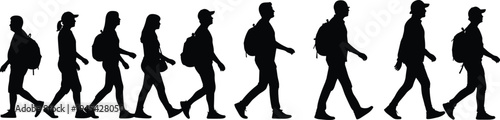 Silhouettes of diverse men and women with backpacks walking in a single file line for an outdoor trekking or travel adventure