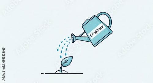 Teal watering can labeled 'feedback' pouring water on a growing plant sprout with one leaf on white background