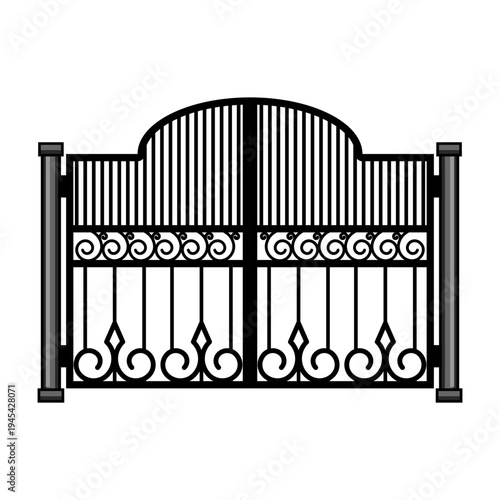 Ornate arched wrought iron gate with decorative scrollwork and vertical bars, closed to secure and add classic elegance to a private home, garden, or estate entrance