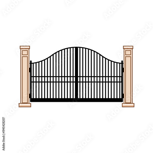 Ornate arching black iron gate with vertical bars and two decorative pillars standing on a white background, offering a concept of security, privacy, and entrance for homes or properties