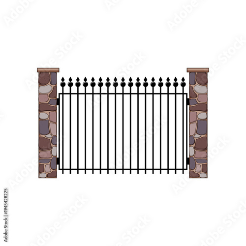 Ornate iron gate with pointed spikes mounted between decorative stone pillars, forming a closed residential entrance and sturdy boundary for privacy and security