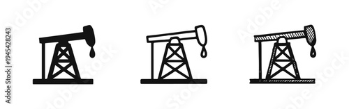 Oil Pump Jack Icon Set - Petroleum Extraction, Energy Industry, and Fossil Fuel Production Doodle Vector