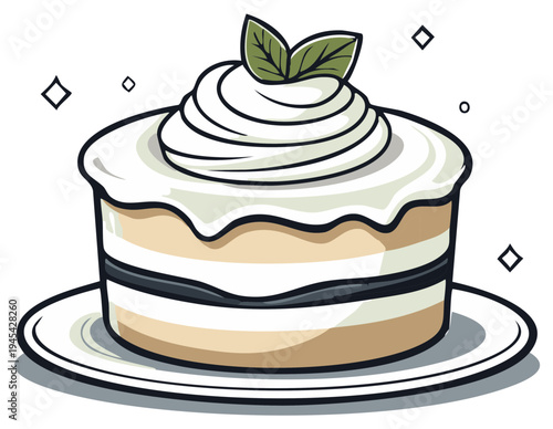Vector illustration of sweet layered cake with whipped cream and mint leaves