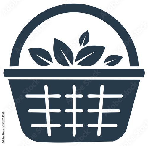 Iconic basket filled with lush foliage showing abundance and growth, symbolic representation of a harvest concept or agricultural bounty
