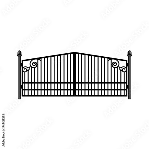 Black wrought iron gate providing security and entrance to properties, featuring decorative scrolls and vertical bars on a clean white background, creating a sturdy barrier graphic element
