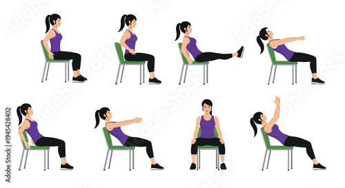 A comprehensive visual guide illustrates a woman expertly performing a variety of seated chair exercises, demonstrating effective movements designed to improve flexibility, strengthen core muscles, an