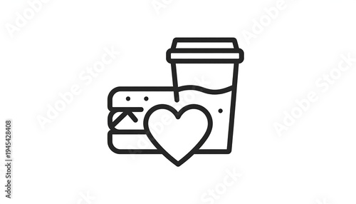 A black and white line art illustration of a sandwich, beverage in a takeaway cup, and a heart shape