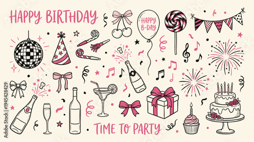 Vibrant birthday party illustration with festive elements, colorful decorations, and joyful symbols, celebrating a special day with friends and family in a lively and playful atmosphere always.