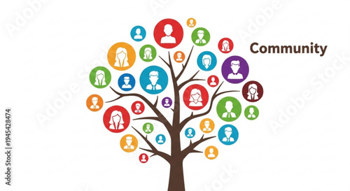 Colorful community tree with diverse people icons and social connections