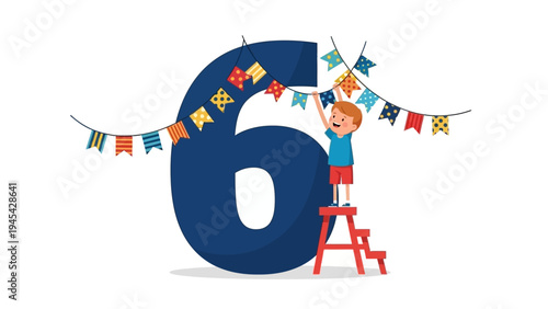 Young Boy Decorating Large Blue Number Six.