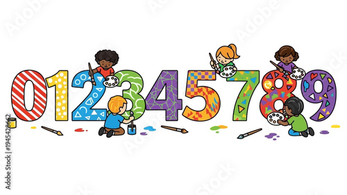Children Painting Colored Numbers Creatively.
