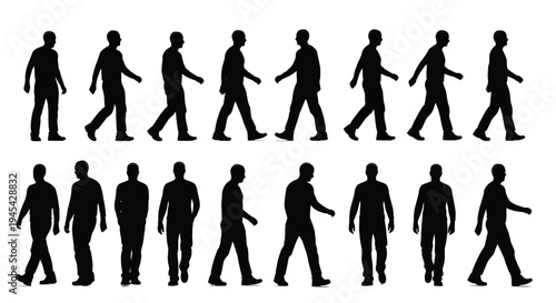 A diverse collection of black silhouette illustrations depicting a man walking in various stages of a stride, perfect for design projects requiring dynamic human movement representations and animation