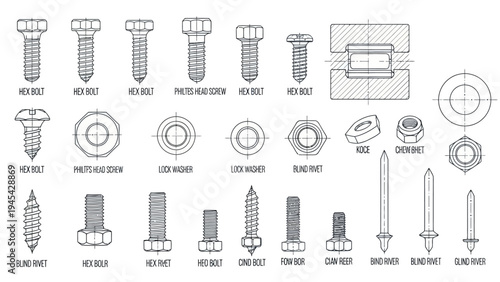 Collection of Various Screws and Fasteners Illustrated.