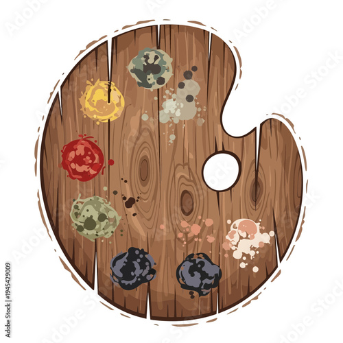 Wooden artist palette with colorful paint splashes and blobs