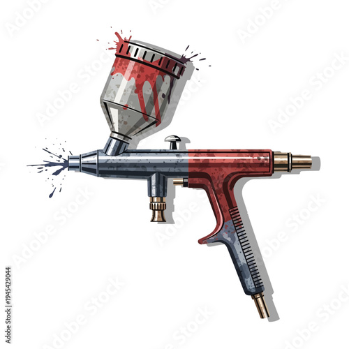 Airbrush gun with red and blue paint splatters, isolated on white background