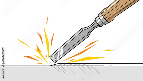 Chisel Cutting Through Wood with Sparks.