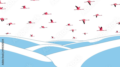 Flock of Pink Birds Flying Together.