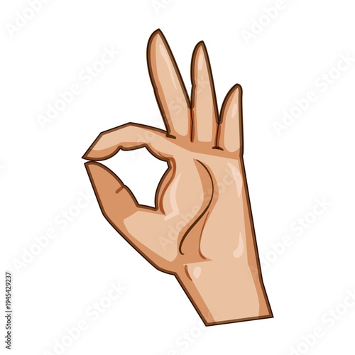 Hand forming an ok sign with thumb and index finger touching, three fingers extended, on white background conveying approval, agreement, positivity, and everything being correct