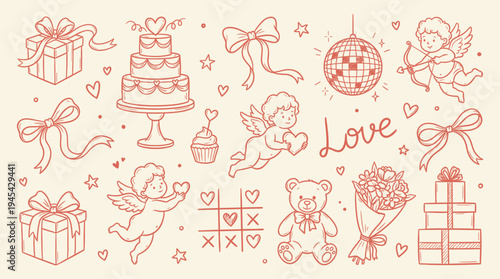 Valentine's Day icons and symbols, including gifts, love words, cherubs, cakes, and teddy bears, in a festive and romantic illustration for holiday celebrations and decorations.