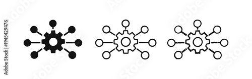 Network Integration and Distributed System Settings Icon Set with Gear and Multiple Nodes
