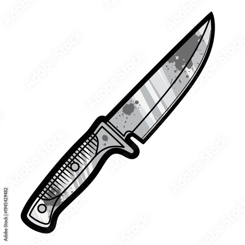 Illustration of a sharp hunting knife with metallic blade, isolated on white background.