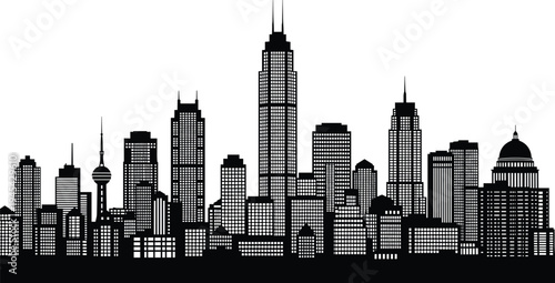City skyline silhouette illustration featuring skyscrapers, observation tower, capitol dome, twin spires, urban architecture, metropolitan landmark, modern buildings