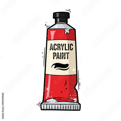 Red acrylic paint tube, isolated on white background, art supply