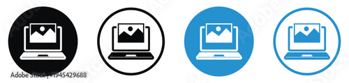 Laptop screen displaying a photo or image icon. Modern flat design showing media preview and digital gallery concepts in multiple color styles. Great for photography and web design assets.