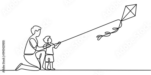 Father Teaching Child Flying Kite Continuous Line Family Vector Illustration