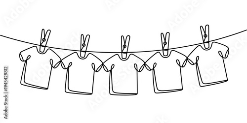 T Shirts Hanging On Clothesline Laundry Continuous Line Vector Illustration