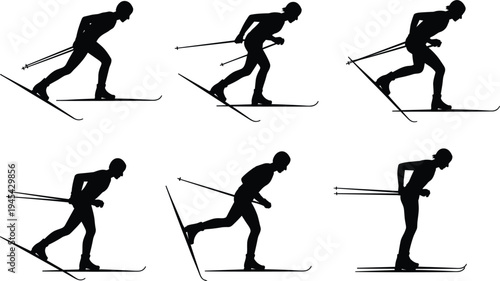 Set of black silhouettes of cross country skiers in motion, various winter sports poses isolated on white background, outdoor fitness