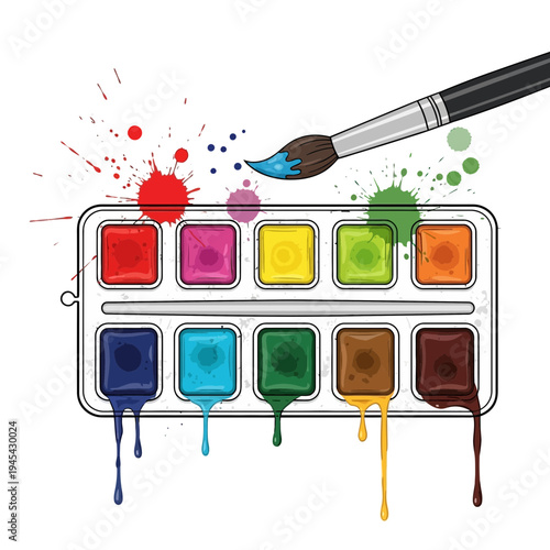 Watercolor paint palette with brush and colorful splashes