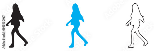 Walking Woman Silhouette .  Minimal illustration showing three variations of a woman walking in side view silhouette, useful as motion reference, walk cycle concept,  or pedestrian symbol.
