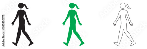 Walking Woman Silhouette .  Minimal illustration showing three variations of a woman walking in side view silhouette, useful as motion reference, walk cycle concept,  or pedestrian symbol.