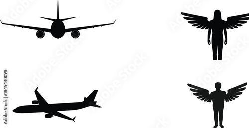Silhouettes of passenger airplanes and winged human figures, aviation and fantasy concept set, flying aircraft and angel shapes isolated on white. (20 words)