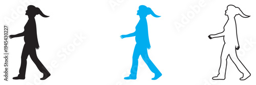 Walking Woman Silhouette .  Minimal illustration showing three variations of a woman walking in side view silhouette, useful as motion reference, walk cycle concept,  or pedestrian symbol.
