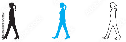 Walking Woman Silhouette .  Minimal illustration showing three variations of a woman walking in side view silhouette, useful as motion reference, walk cycle concept,  or pedestrian symbol.