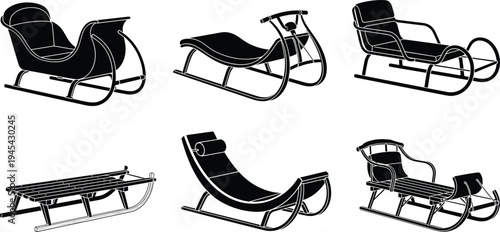 Black sled silhouette collection, sleigh vector illustration, winter sports design, traditional sled artwork, modern sleigh icons, decorative snow transport graphics
