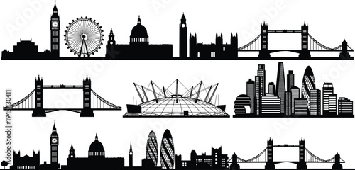 London skyline illustration featuring Big Ben, Tower Bridge, St Paul’s Cathedral, London Eye, The Shard, Gherkin, O2 Arena, City Hall