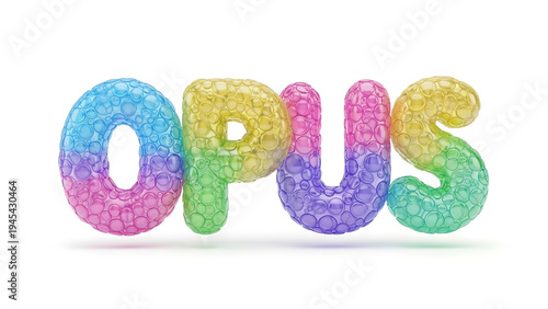 Colorful bubbly letters spelling opus isolated on a transparent background