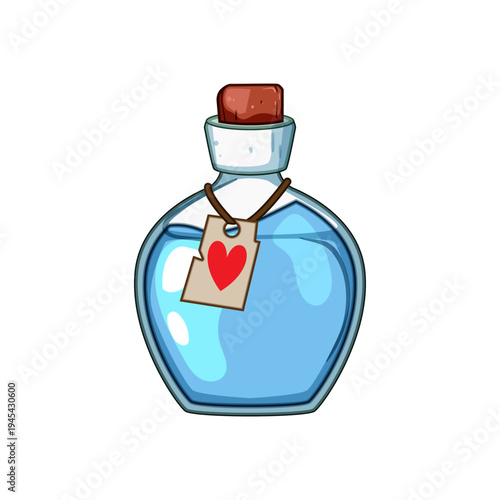Cartoon blue potion bottle with cork stopper and heart tag, glowing with healing magic, cute game asset or ui icon for rpgs, spells, recovery, elixir, love or mana