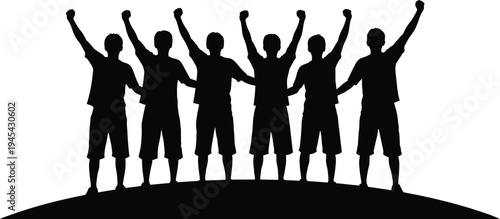 Celebration silhouettes, unity victory, teamwork success, group achievement, raised arms, sports triumph, collective joy, black illustration, people together, flavector