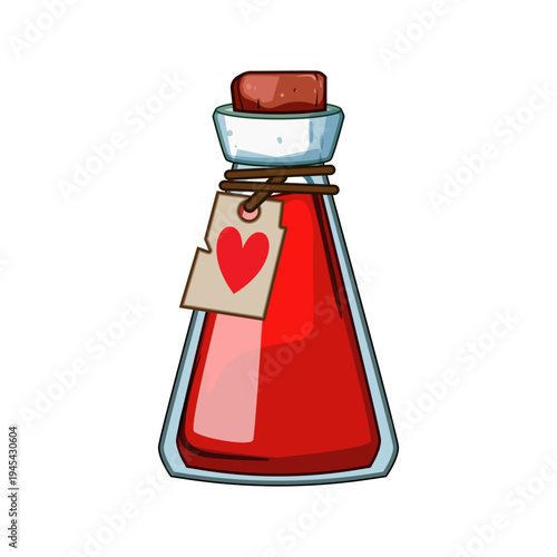 Red liquid potion bottle with a cork stopper and a heart symbol tag, representing health, recovery, vitality, or magic for game assets and fantasy themes