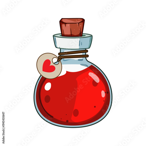 Round glass potion bottle with red healing liquid, cork stopper and heart tag, stylized as a fantasy rpg health elixir icon for games, ui, illustration, or vector artwork