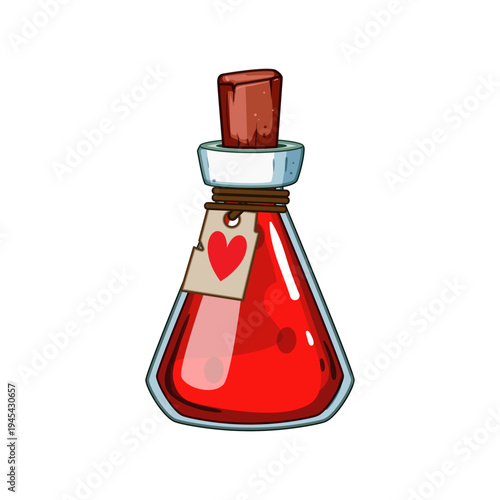 Stylized red health potion in a magical glass bottle, featuring a cork stopper and a heart tag, conveying concepts of healing, energy, and gaming power ups