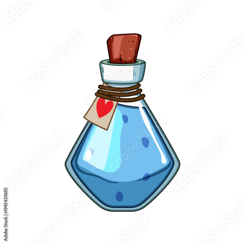 Gem shaped bottle featuring a cork stopper and a heart tag, filled with glowing blue liquid, representing recovery, power, or a magical elixir in a fantasy setting
