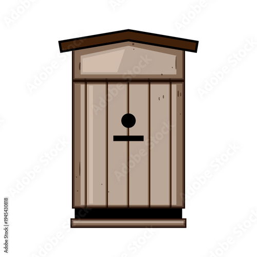 Wooden outhouse with pitched roof and simple male sign, rustic outdoor latrine on white backgroundminimal vintage style icon for camping, rural, or emergency sanitation needs