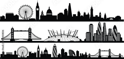 London skyline silhouette illustration panels, Big Ben, London Eye, St. Paul’s Cathedral, Tower Bridge, The Shard, The Gherkin, cultural architecture artwork