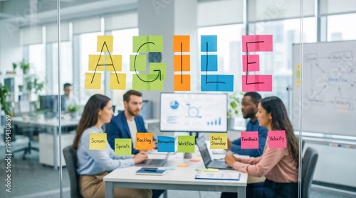Team discussing AGILE methodology in modern office, scrum planning meeting, agile project management