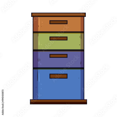 Stacked colorful drawers creating a storage cabinet or filing unit, organizing items in a structured and efficient way within a home or office environment
